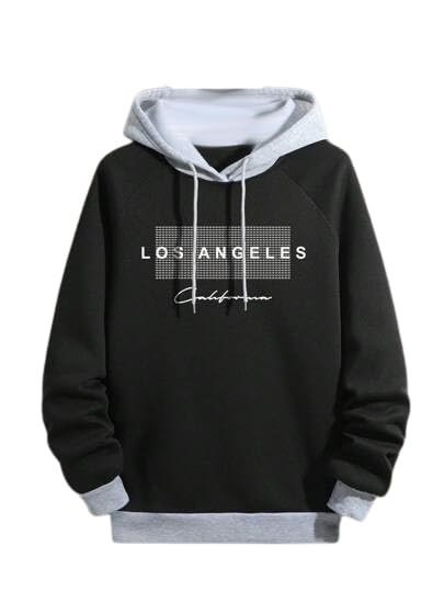 Regular Fit Printed Hoodie for Men, Black/Grey