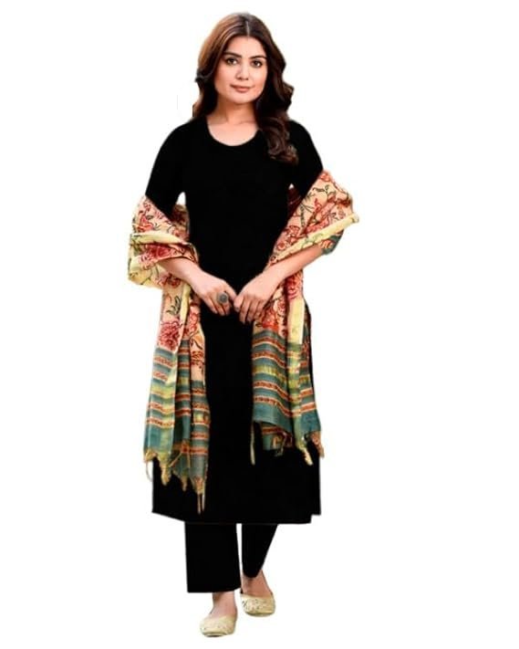 Women’s Rayon Viscose Straight Solid Kurta with Pant & Dupatta, Black/Green
