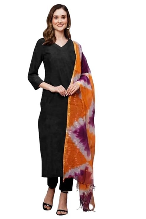 Women’s Rayon Viscose Straight Solid Kurta with Pant & Dupatta, Black/Orange