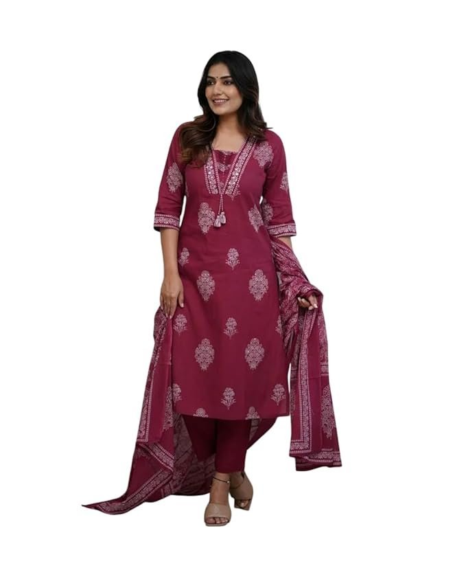 Women’s Pure Cotton Printed with Handwork Kurta Set, Maroon