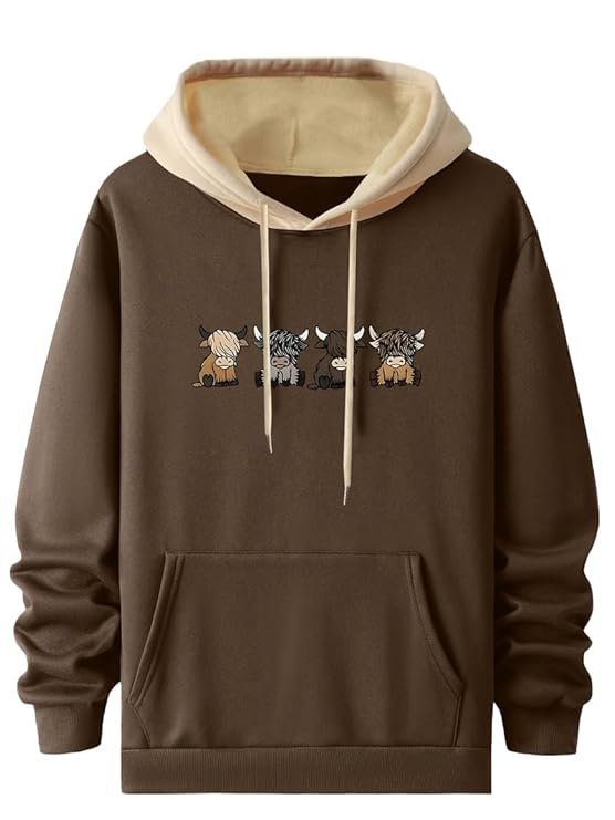 Men’s Casual Woolen Hoodie with Cartoon Print, Brown