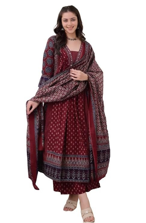 Women’s Rayon Printed Anarkali Kurta and Pant with Dupatta Set, Maroon