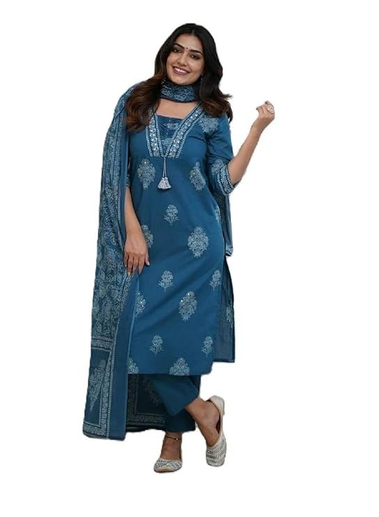 Women’s Pure Cotton Printed with Handwork Kurta Set, Blue