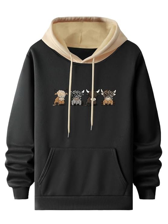 Men’s Casual Woolen Hoodie with Cartoon Print, Black