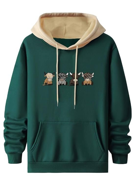 Men’s Casual Woolen Hoodie with Cartoon Print, Green