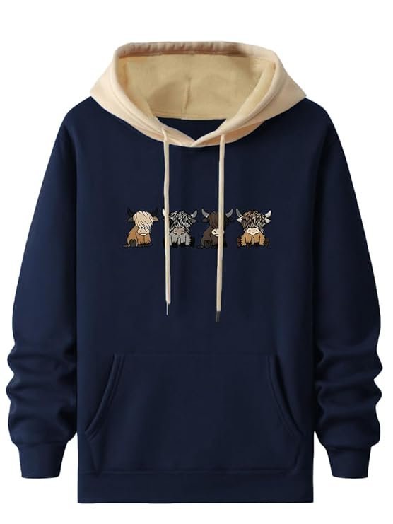 Men’s Casual Woolen Hoodie with Cartoon Print, Navy