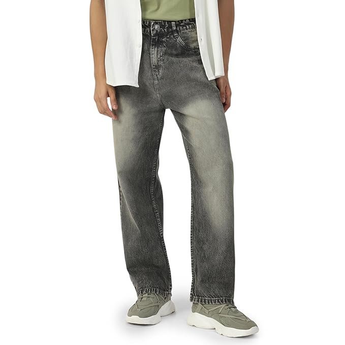 Men’s Loose Mid Rise Baggy Fit Washed Jeans – Grey