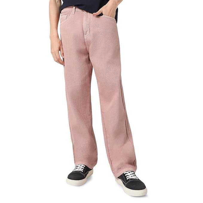 Men’s Loose Mid Rise Baggy Jeans – Dark Pink