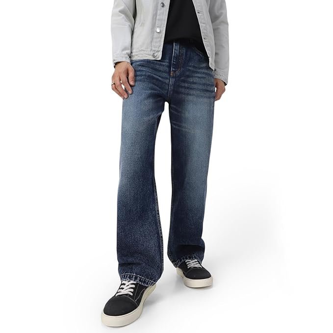 Men’s Loose Mid Rise Baggy Fit Washed Jeans – Dark Blue