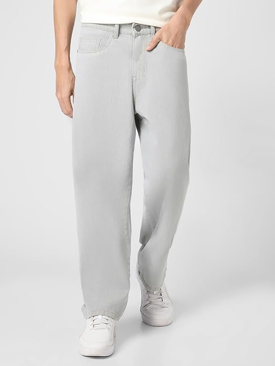 Men’s Loose Mid Rise Baggy Jeans – Ice White