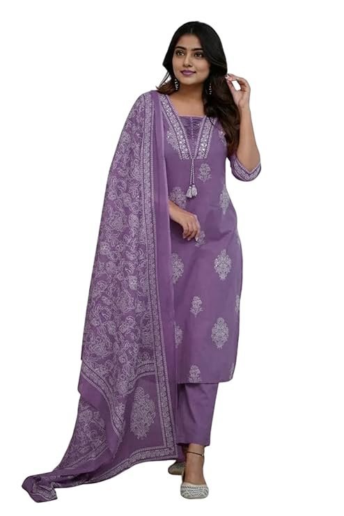 Women’s Pure Cotton Printed with Handwork Kurta Set, Purple