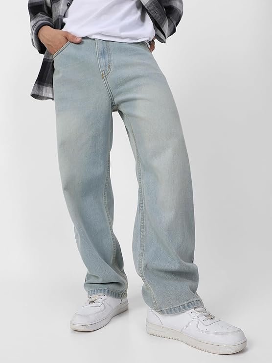 Men’s Loose Mid Rise Baggy Fit Washed Jeans – Ice Blue