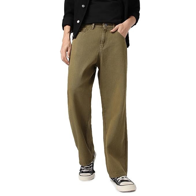 Men’s Loose Mid Rise Baggy Jeans – Dark Olive