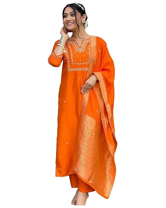 Women’s Silk Blend Straight Embroidered Kurta with Pant & Dupatta, Orange