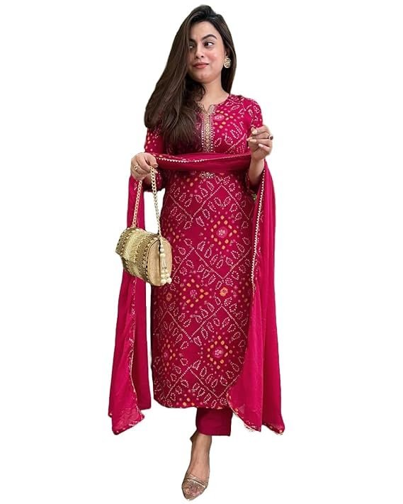Women’s Rayon Viscose Straight Bandhej Printed Kurta with Pant & Dupatta, Pink