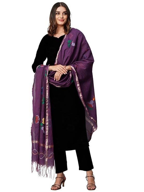 Women’s Rayon Viscose Straight Solid Kurta with Pant & Dupatta, Black/Violet