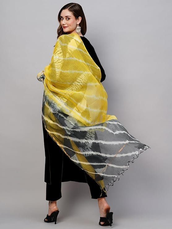 Women’s Rayon Viscose Straight Solid Kurta with Pant & Dupatta, Black/Yellow