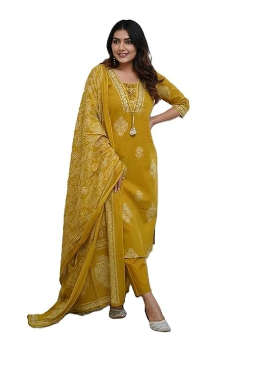Women’s Pure Cotton Printed with Handwork Kurta Set, Yellow