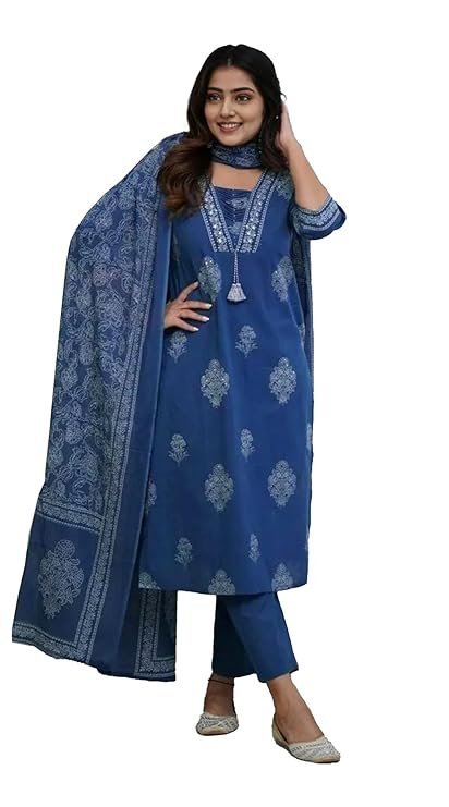 Women’s Pure Cotton Printed with Handwork Kurta Set, Navy Blue