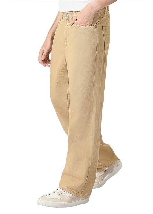 Men’s Loose Mid Rise Baggy Jeans – Beige