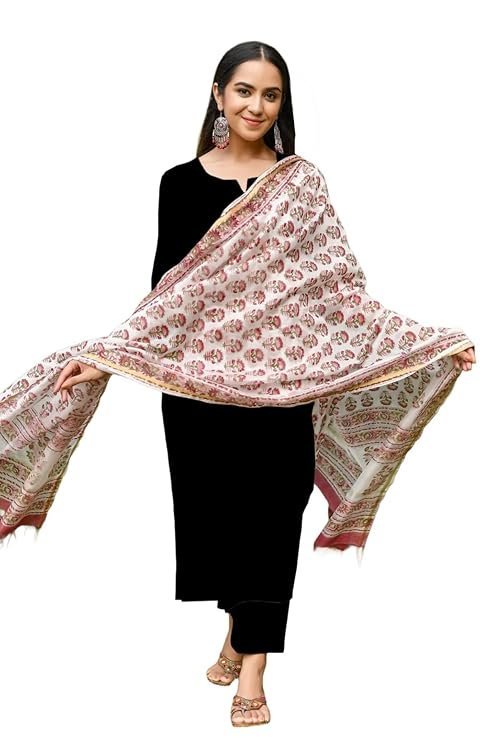 Women’s Rayon Viscose Straight Solid Kurta with Pant & Dupatta, Black/White