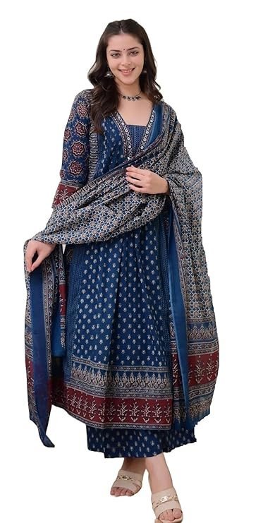 Women’s Rayon Printed Anarkali Kurta and Pant with Dupatta Set, Teal Blue