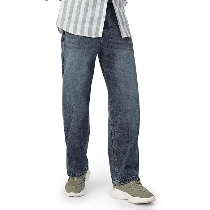 Men’s Loose Mid Rise Baggy Fit Washed Jeans – Blue