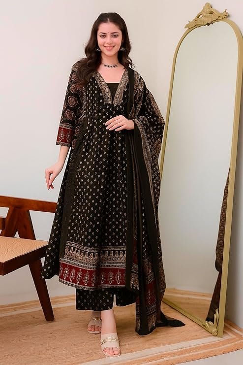Women’s Rayon Printed Anarkali Kurta and Pant with Dupatta Set, Black