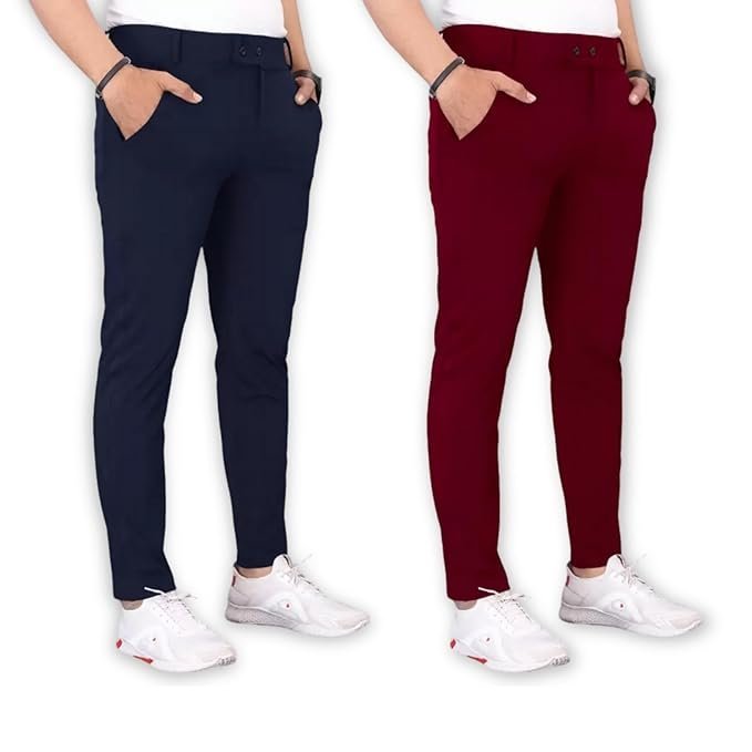 Men’s Lycra Slim Fit Trousers Set of 2, Blue/Maroon
