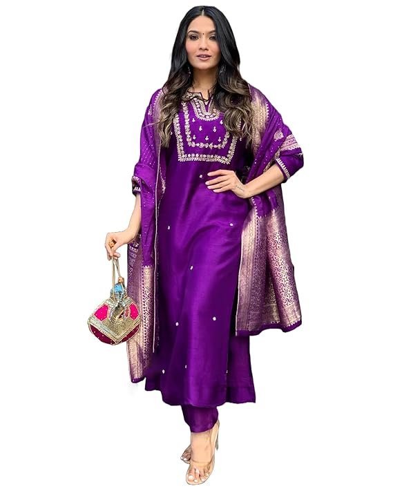 Women’s Silk Blend Straight Embroidered Kurta with Pant & Dupatta, Begani