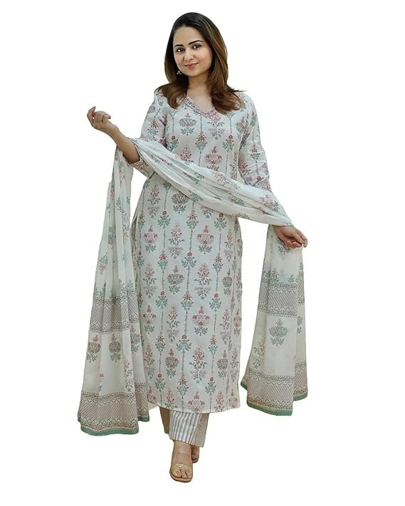 Women’s Viscose Kurta Set with Dupatta, White
