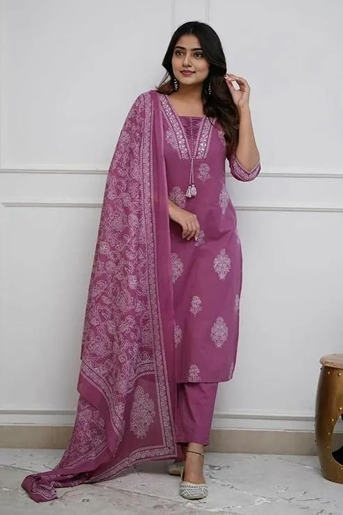 Women’s Pure Cotton Printed with Handwork Kurta Set, Wine