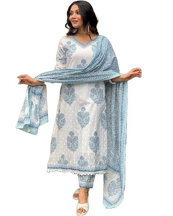 Women Cotton Block Printed Kurta Pant With Dupatta, White