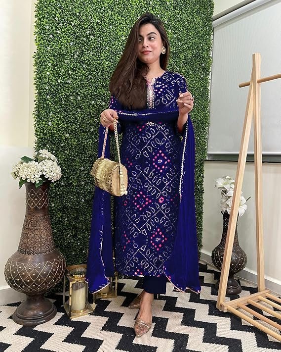 Women’s Rayon Viscose Straight Bandhej Printed Kurta with Pant & Dupatta, Blue