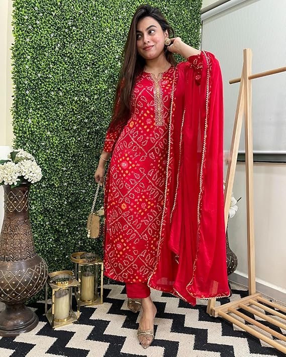 Women’s Rayon Viscose Straight Bandhej Printed Kurta with Pant & Dupatta, Red