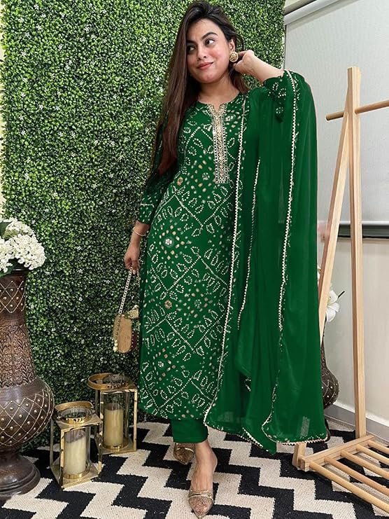 Women’s Rayon Viscose Straight Bandhej Printed Kurta with Pant & Dupatta, Green
