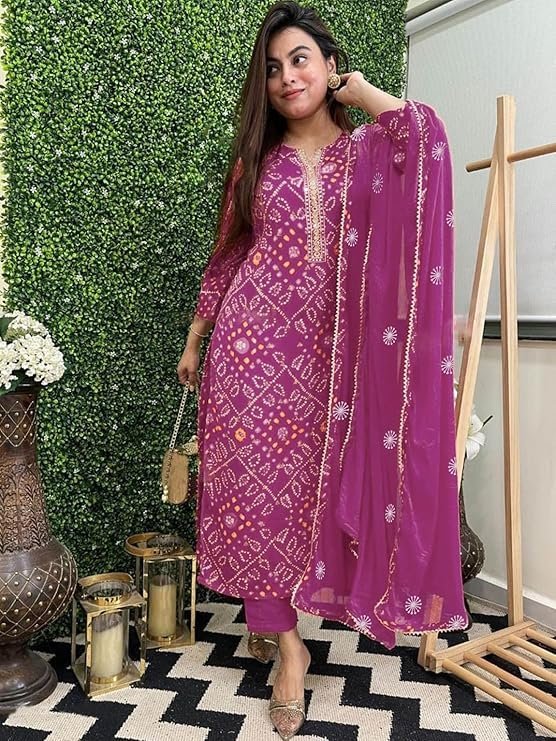 Women’s Rayon Viscose Straight Bandhej Printed Kurta with Pant & Dupatta, Purple