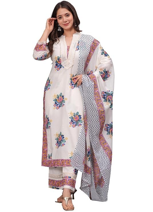 Women’s Pure Cotton Printed Straight Kurta Set with Dupatta, White