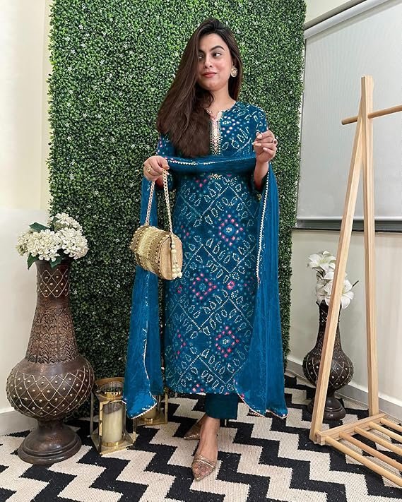Women’s Rayon Viscose Straight Bandhej Printed Kurta with Pant & Dupatta, Dark Blue
