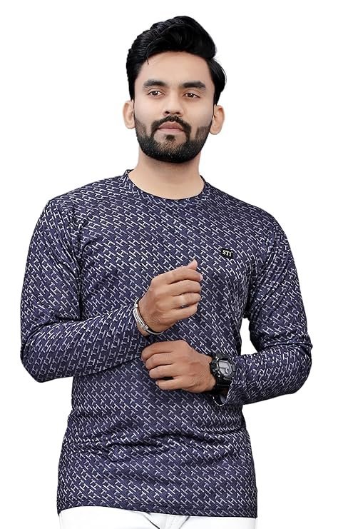 Men’s Geometric Pattern Full Sleeve T-Shirt, Navy Blue