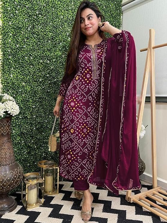 Women’s Rayon Viscose Straight Bandhej Printed Kurta with Pant & Dupatta, Wine