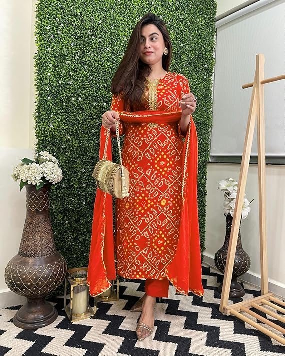 Women’s Rayon Viscose Straight Bandhej Printed Kurta with Pant & Dupatta, Orange