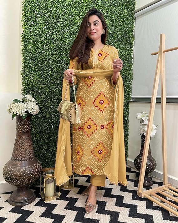Women’s Rayon Viscose Straight Bandhej Printed Kurta with Pant & Dupatta, Cream