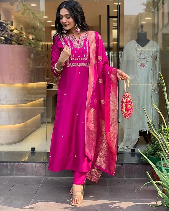 Women’s Silk Blend Straight Embroidered Kurta with Pant & Dupatta, Pink