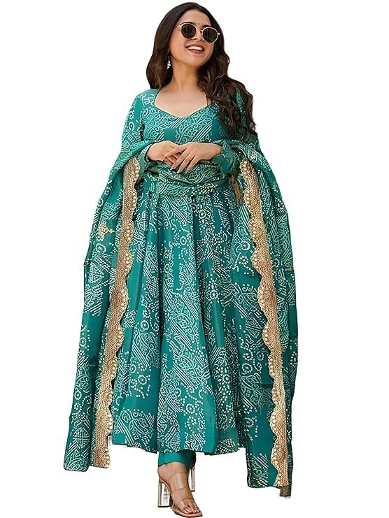 Women’s Bandhani Print Flared Anarkali Muslin Kurta Set, Teal Green