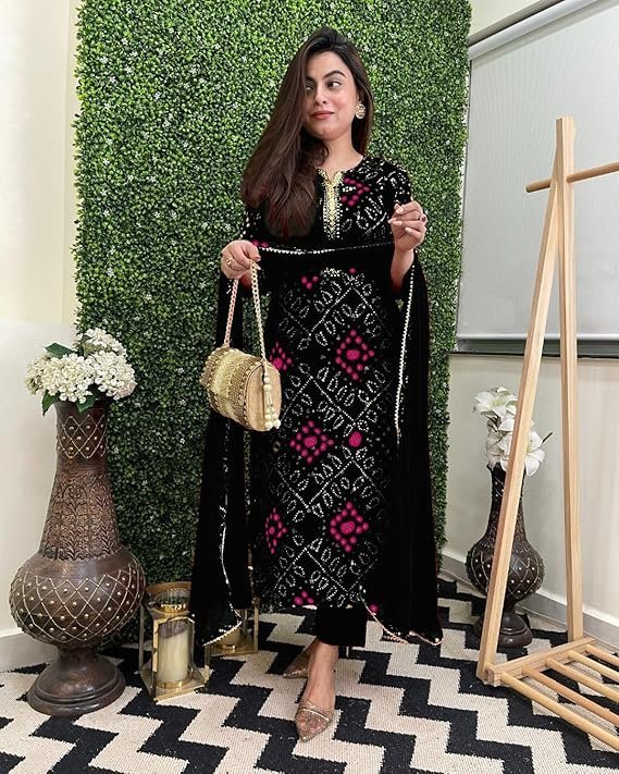 Women’s Rayon Viscose Straight Bandhej Printed Kurta with Pant & Dupatta, Black
