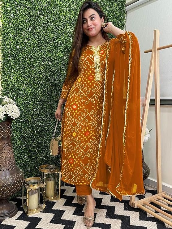 Women’s Rayon Viscose Straight Bandhej Printed Kurta with Pant & Dupatta, Mustard