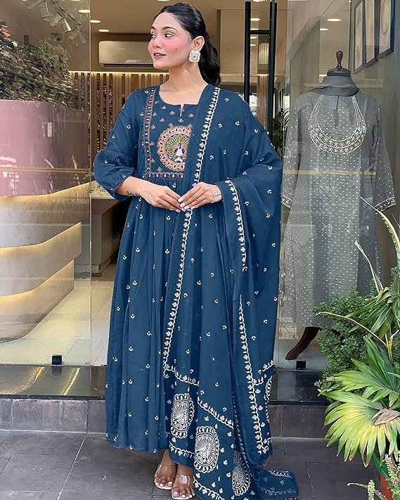 Women Rayon Printed Anarkali Kurta Set with Dupatta, More Peach