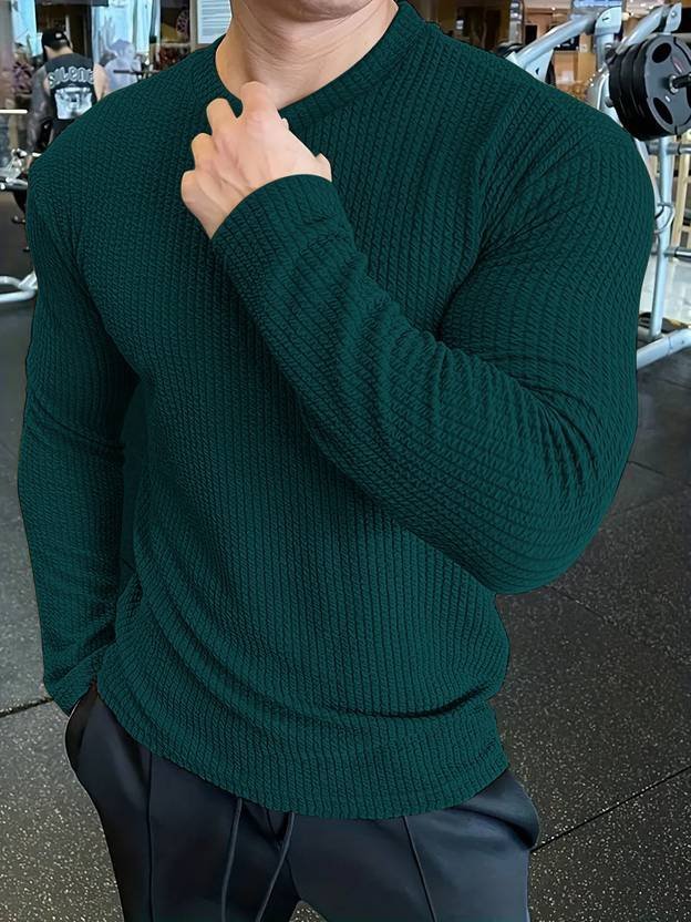 Men’s Self Design Round Neck T-Shirt, Dark Green
