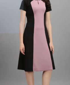 Women A-line Black Below Knee Dress, Purple/Black